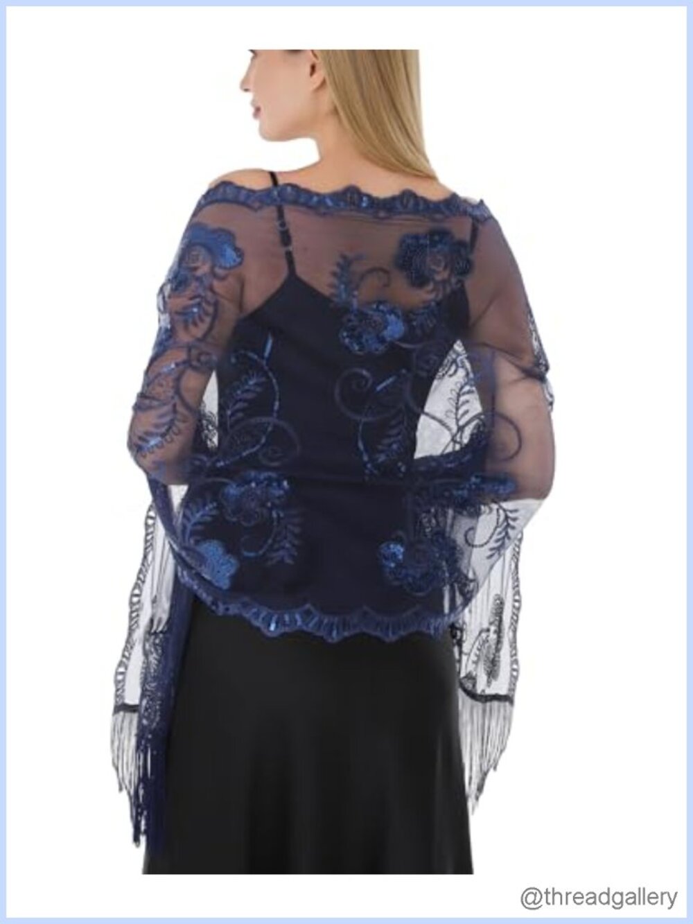 Sequin Floral Chiffon Evening Shawl Wrap with Fringe, Sheer Formal Stole for